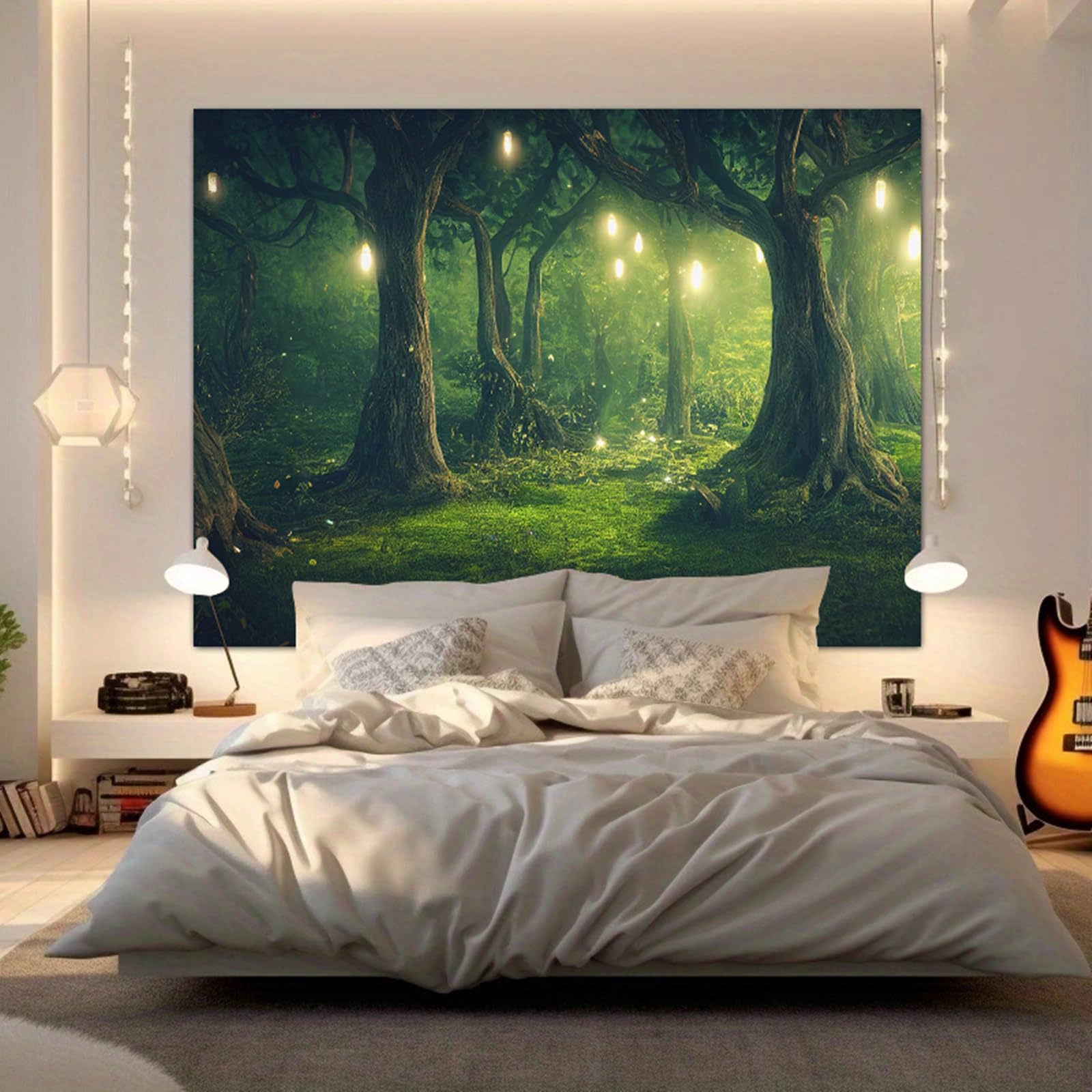 BCughia Dekoracja ścienna 200 x 200 cm, dywan ścienny, zielone drzewo, gobelin, noc, las, chusta na ścianę, natura, krajobraz, dekoracja ścienna do salonu, sypialni