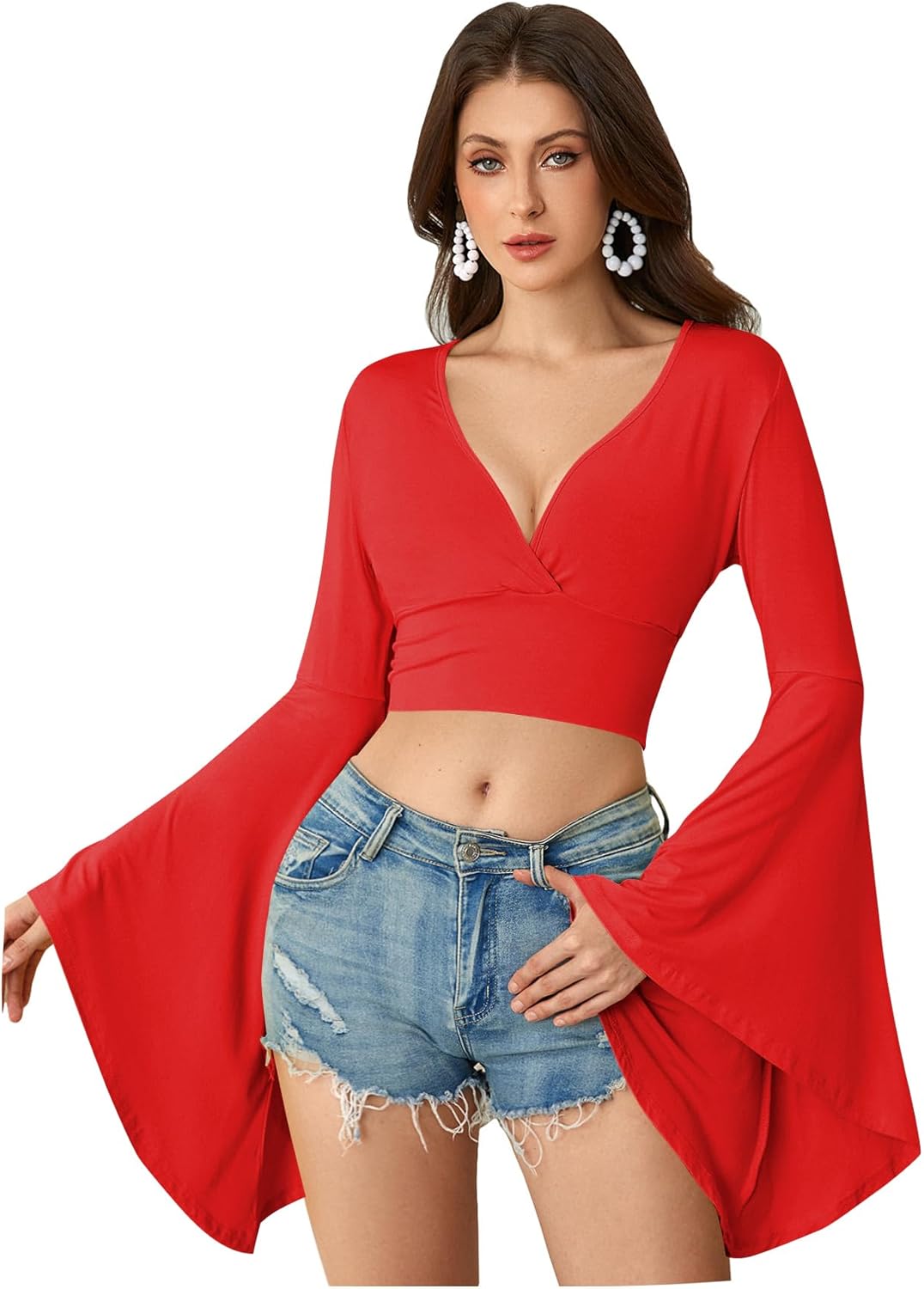 Floerns Women's V Neck Long Bell Sleeve Wrap Blouse Top Tee Shirts