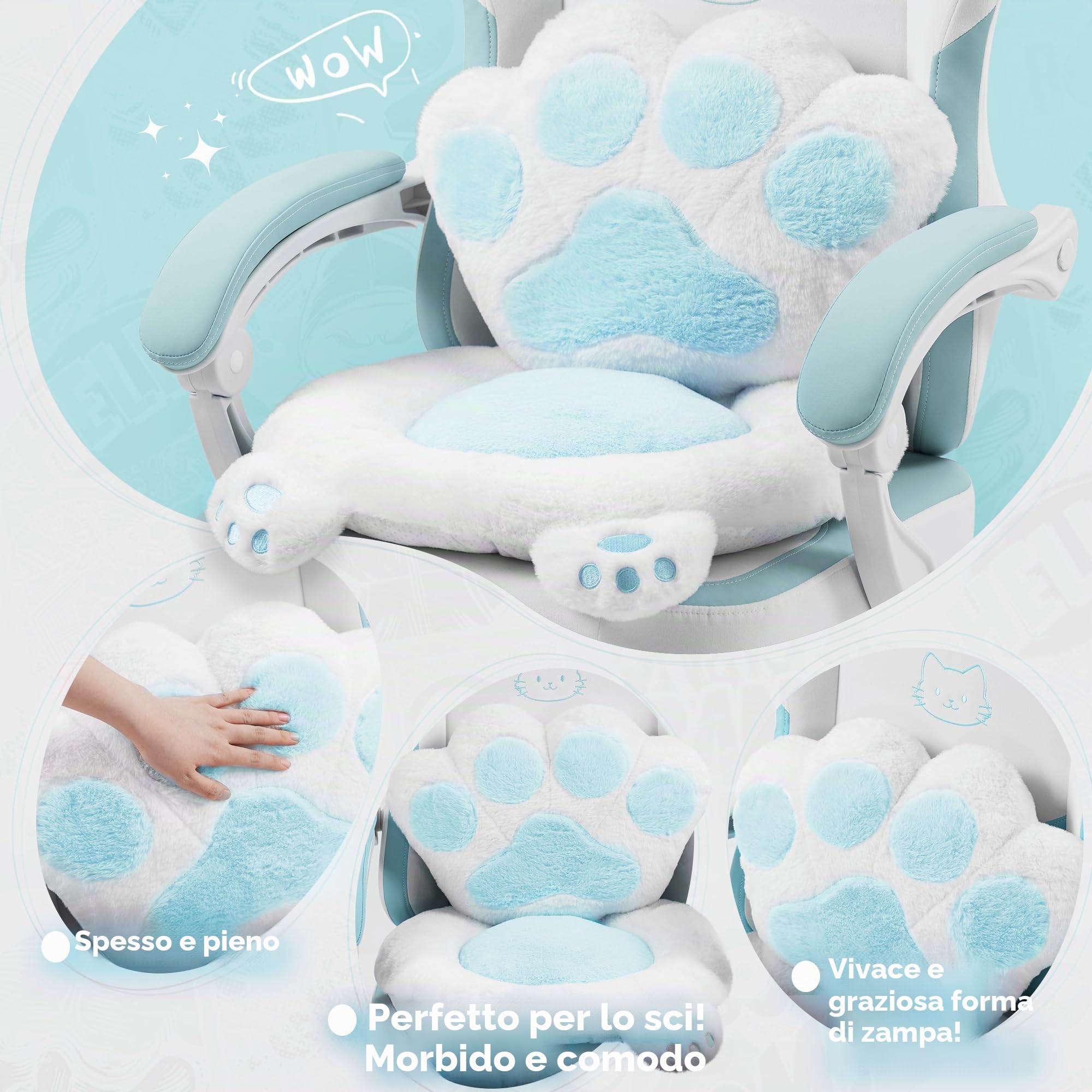 Gatto Sedia Gaming con Poggiapiedi, Cuscino Lombare e Orecchie di Gatto, Sedia da Gaming Ergonomica in Velluto, con Poggiapiedi, per Donne, Adulti e Adolescenti, Blu e Bianco