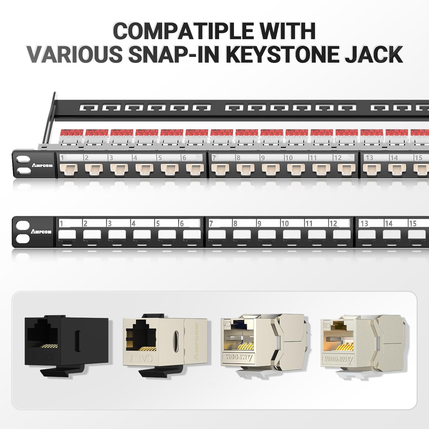 AMPCOM Panneau de brassage Keystone vierge à 24 ports – Demi-U (0,5U) 48,3 cm Montage en rack ou mural Panneau modulaire déchargé avec barre de gestion de câbles arrière en métal pour réseau UTP/STP