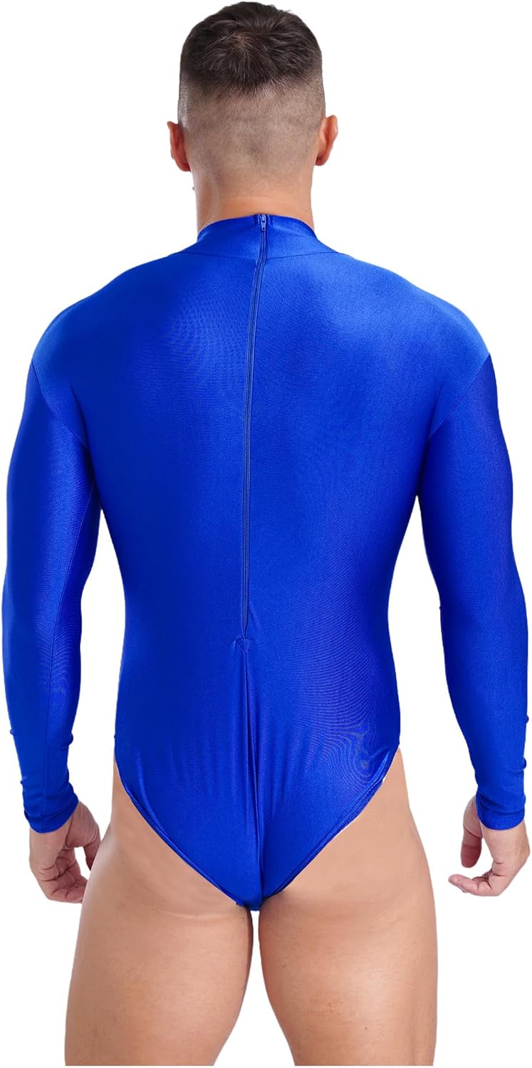 Men's Mock Neck Long Sleeve Bodysuit Solid Color Zipper Back Stretchy Leotard Gymnastics Wear
