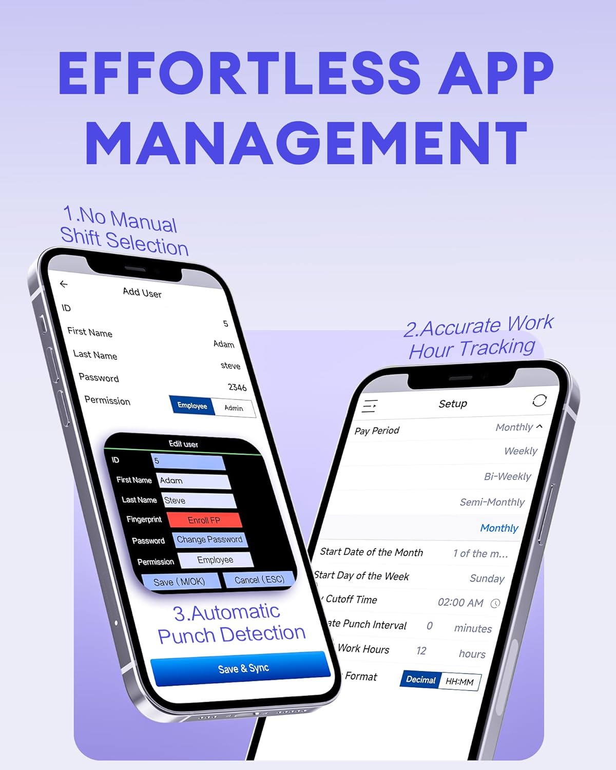 Smartphone screens showing app interface for adding and managing users and setting up work hour tracking.