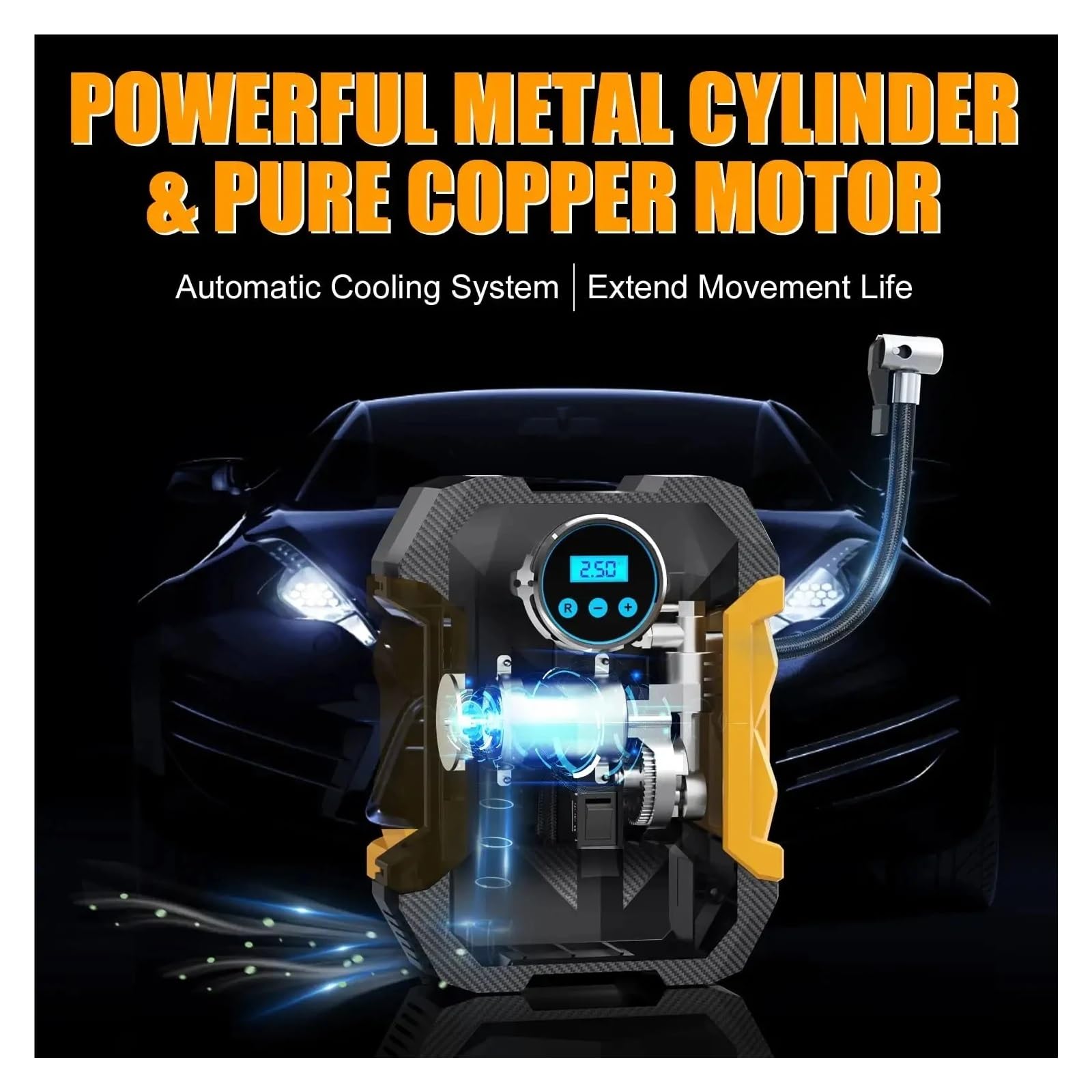 Inflador De Neumáticos Coche Bomba Aire Portátil 12V 150PSI Compresor Digital Llenado con Iluminación LED For Bicicletas Inflado Rápido Esfuerzo(Yellow)