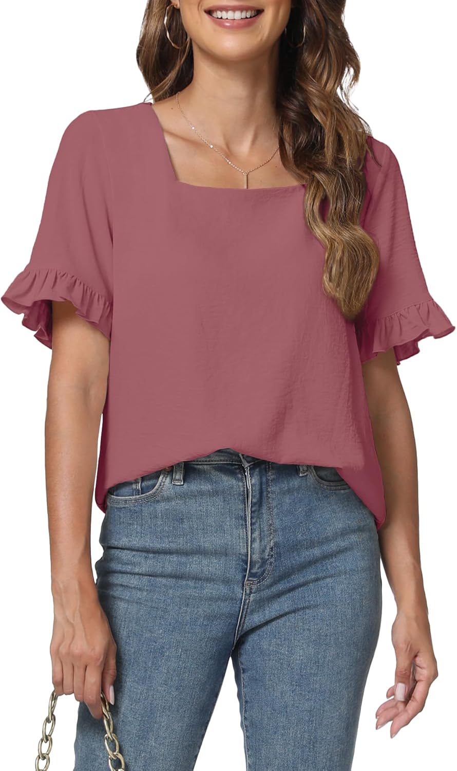 Womens Summer Tops Casual Ruffle Short Sleeve Shirts Square Neck Blouses Loose Fit Tunic