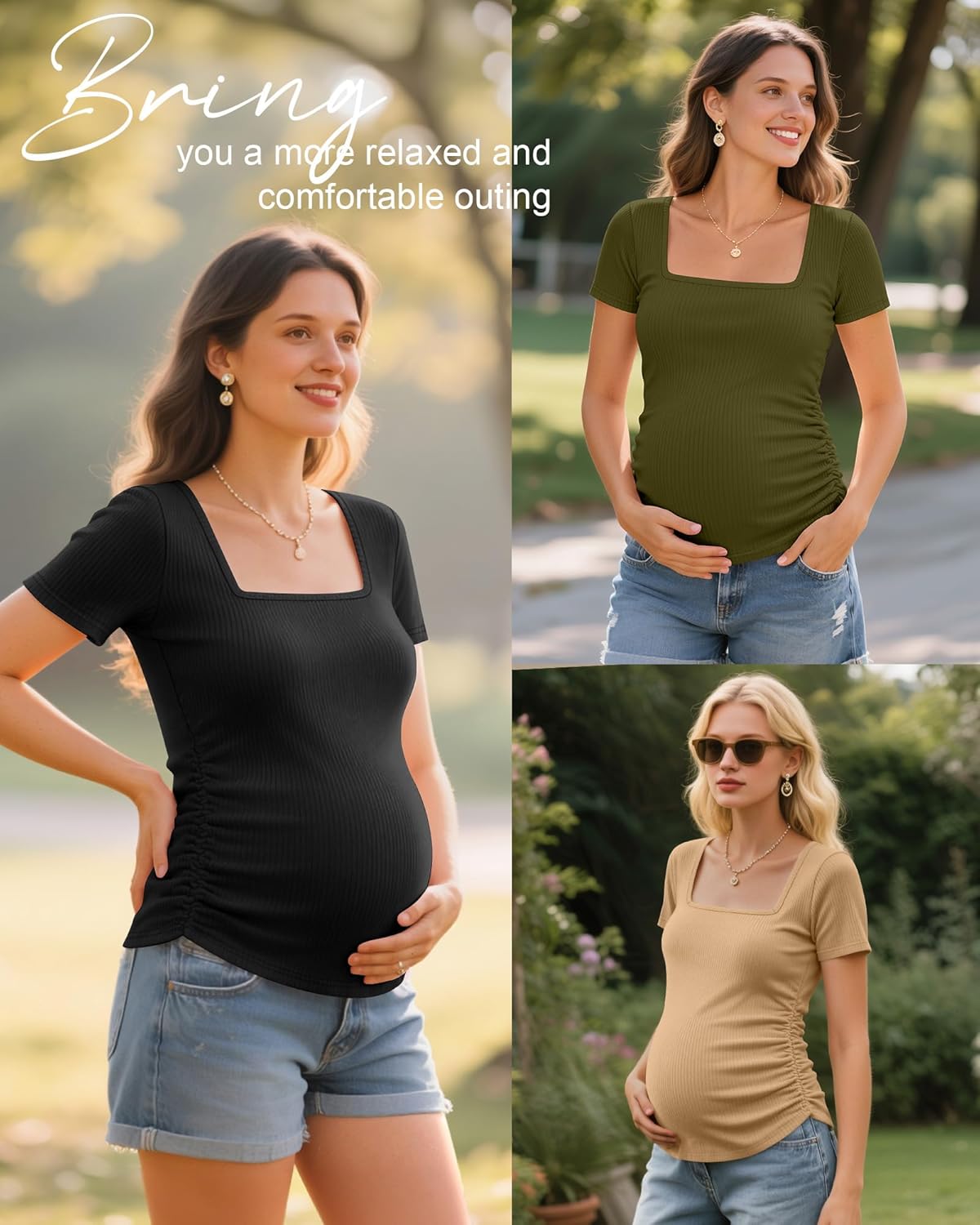 Huukeay 3 Pack Women's Maternity Shirt Ribbed Cotton Short Sleeve Maternity Top Square Neck Side Ruched Summer Pregnancy Tees - Image 4