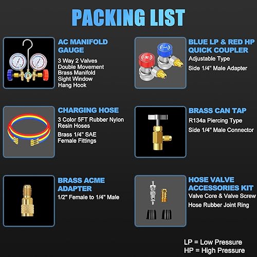 Miniatura 2 de JIFETOR Juego de manómetros de 3 vías de CA, herramienta de carga de freón de diagnóstico HVAC para refrigerante R12 R22 R404A R134A, con manguera