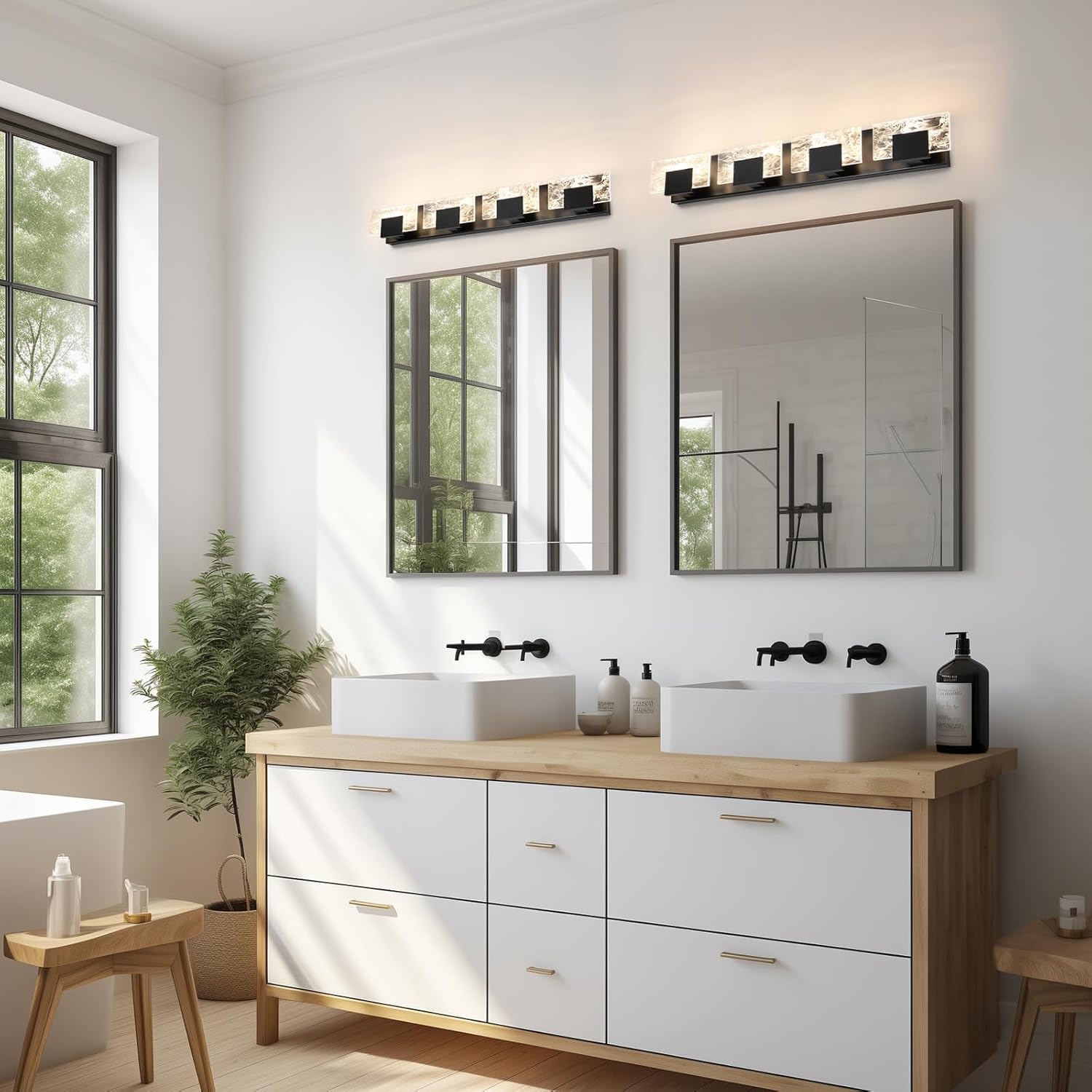 LED Bathroom Vanity Light: 32in Matte Black Acrylic Modern Lighting Fixtures - 4-Light Contemporary Smoke Design Wall Lights Fixture Over Mirror 3000K