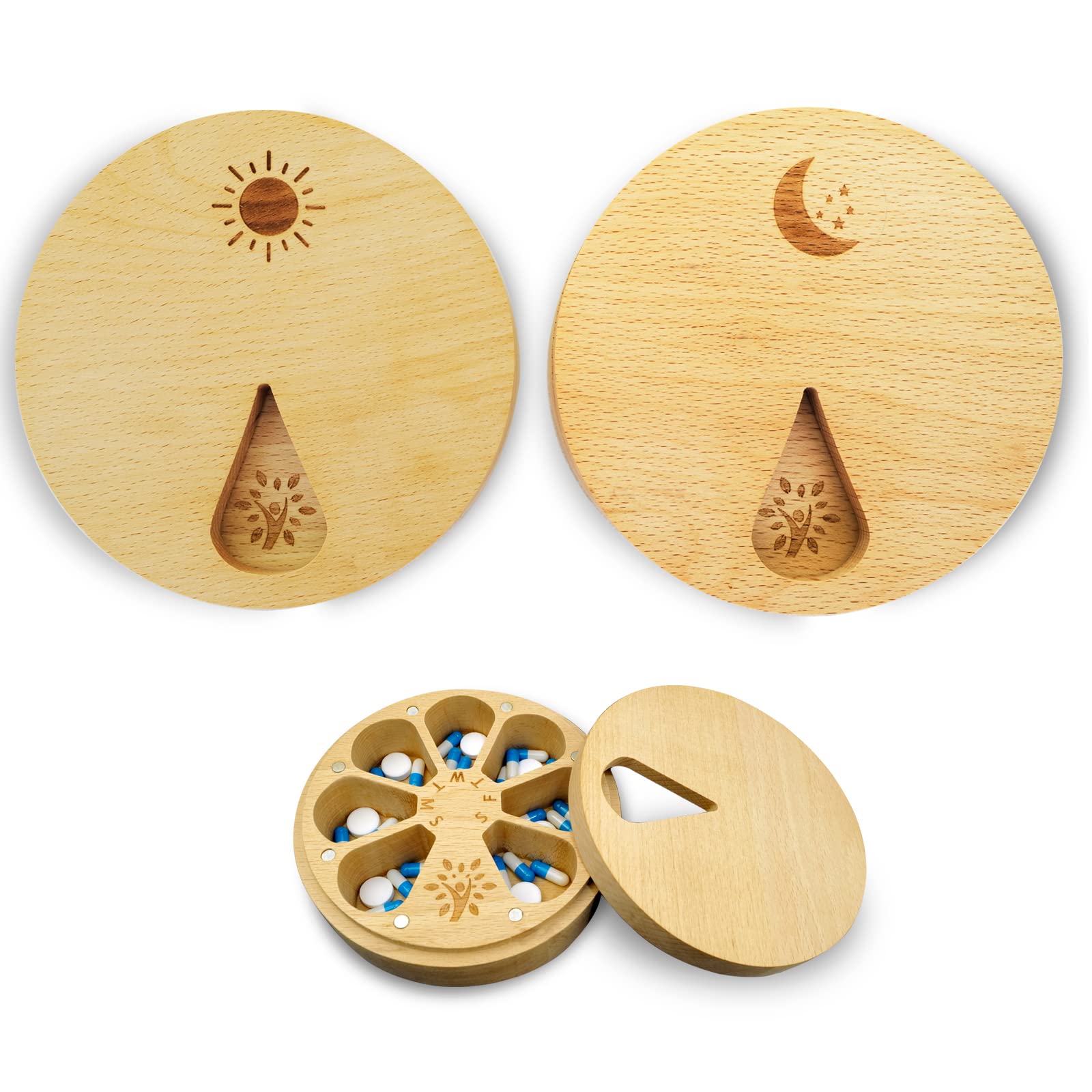 AM&PM Set of 2 Wood Weekly Pill Organizer for Medicine Vitamin 2 Times a Day,Arthritis Friendly 7-Day Pill Box Medium Compartments Holder,Daily Portable Travel Pill Case with Velvet Bag
