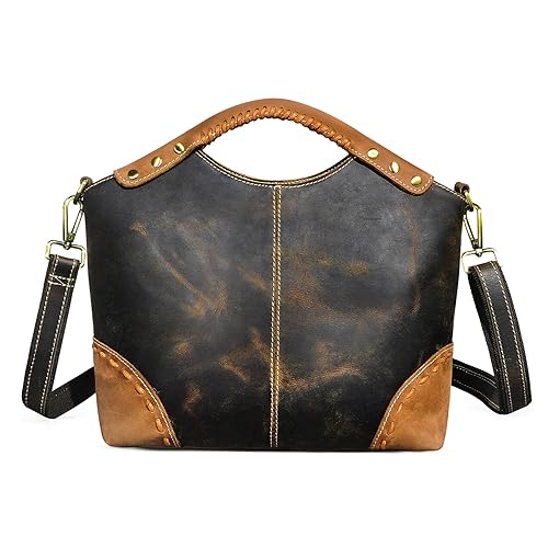 Handadsume Thick Genuine Crazy Horse Leather Satchel Crossbody Handbag Top-Handle