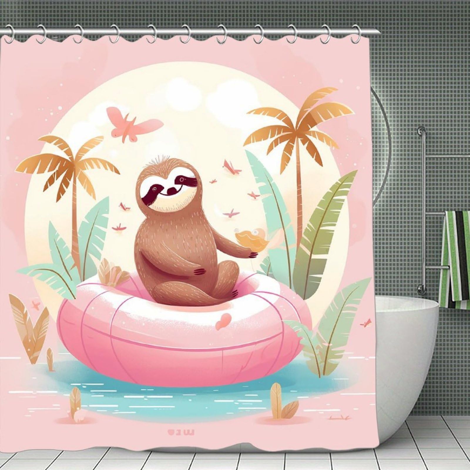 QMNLKH Sloth Flamingo Shower Curtain with Hooks, Waterproof Bath Curtains for Bathroom, Lightweight Bath Curtains Liner for Hotel, Personalized Bath Curtain for Spa, 70.8 Inch