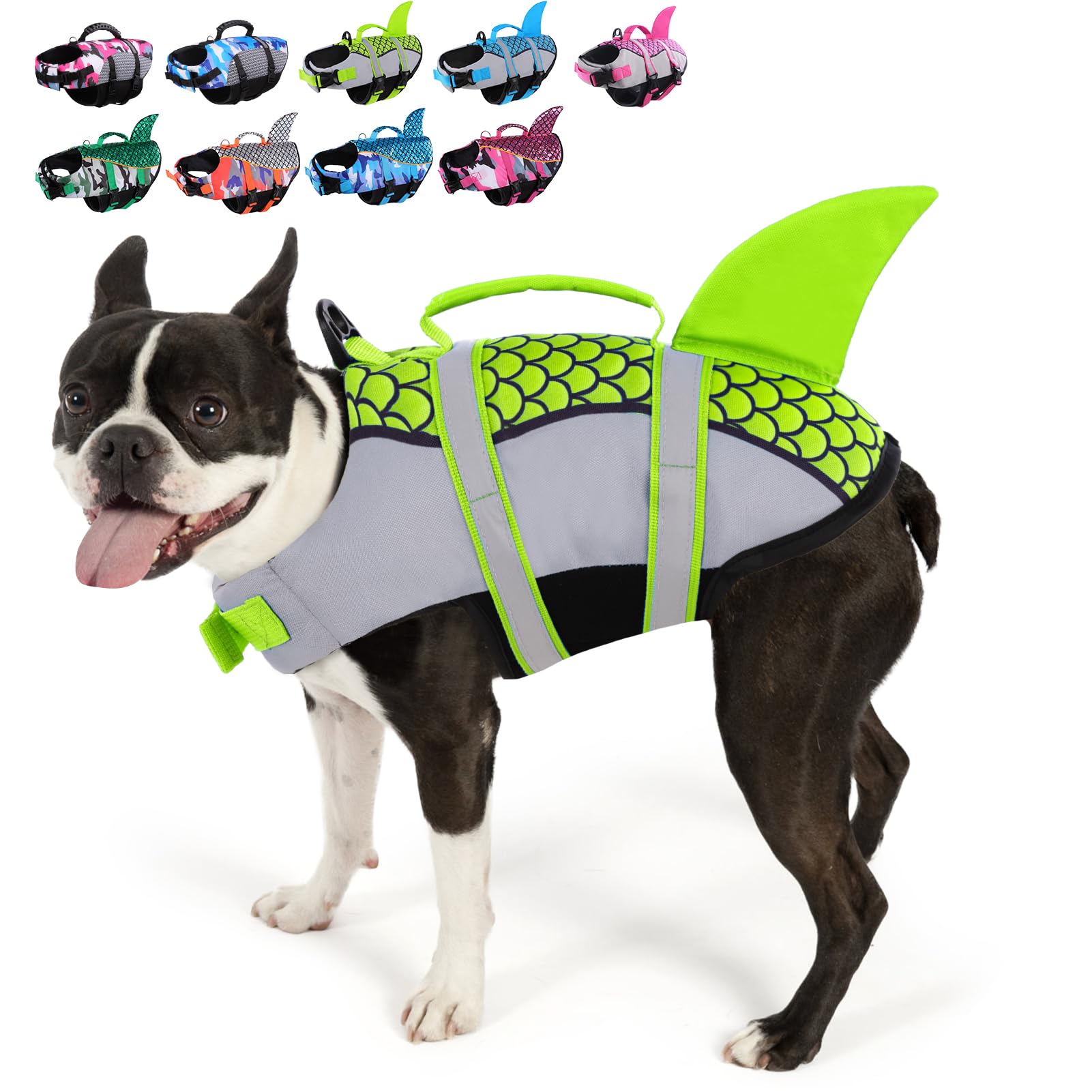 MIGOHIDog Life Jacket, Shark Fin Dog Life Vest with Rescue Handle & Buoyancy, Reflective Camo Dog Life Preserver Dog Swimsuit for Swimming Boating, Pet Safety Lifesaver for Small Medium Large Dogs