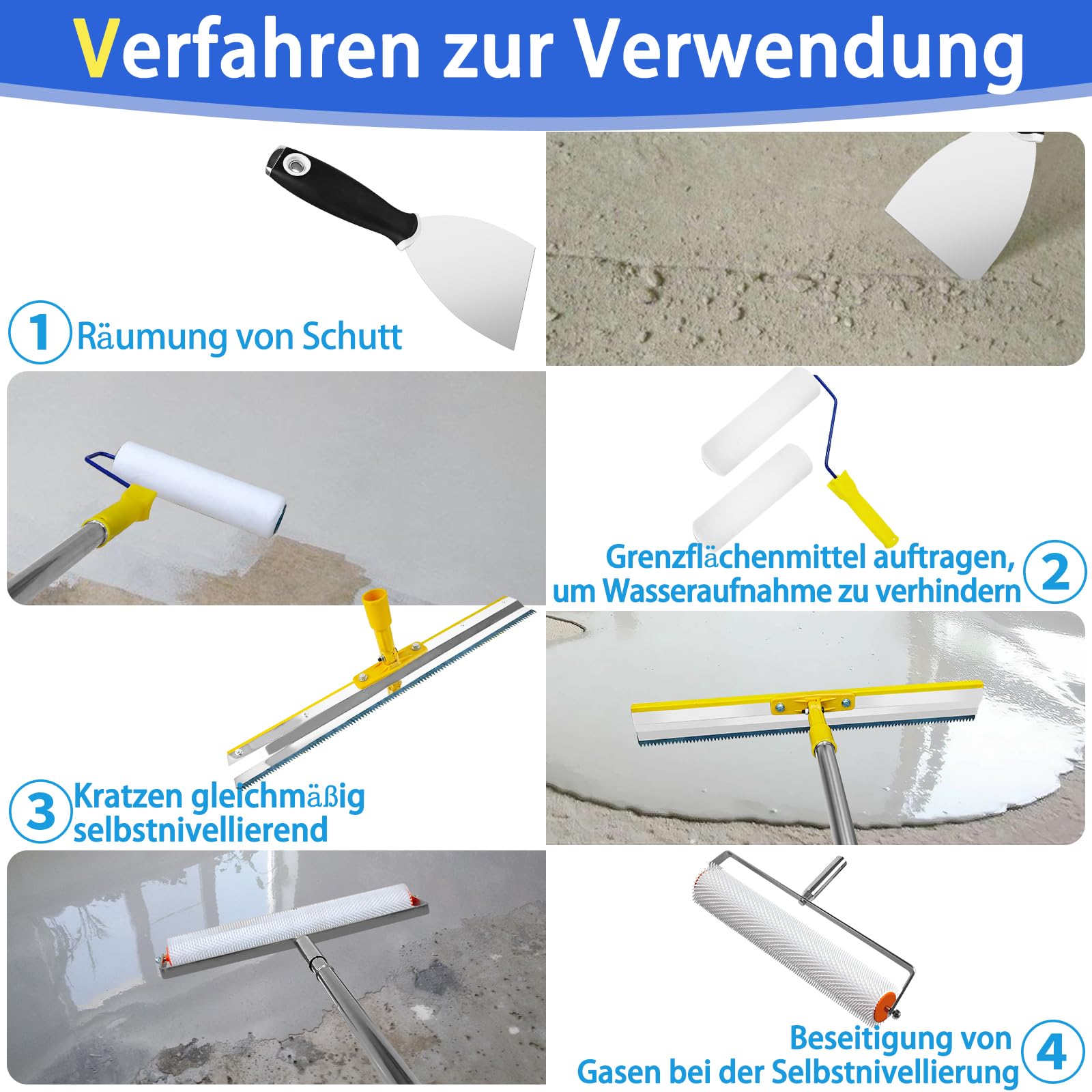 VKE Bodenbeschichtung Entlüftungsroller Set, Stachelwalze Ausgleichsmasse, Entlüftungswalze 11 mm, Nagelschuhe 30 mm, Edelstahl Stehrakel und Teleskopstange 162 cm (mit Farbrolle und Spachtel)