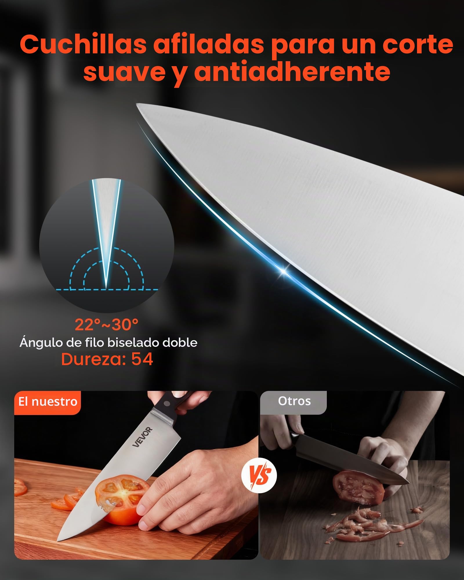 VEVOR Juego de Cuchillos de Cocina, con Bloque Madera y Afilador, Resistente a la Corrosión, Cubertería de Cocina con Mango Ergonómico ABS, para Cocineros Aficionados, 15 uds, 205 x 125 x 310 mm