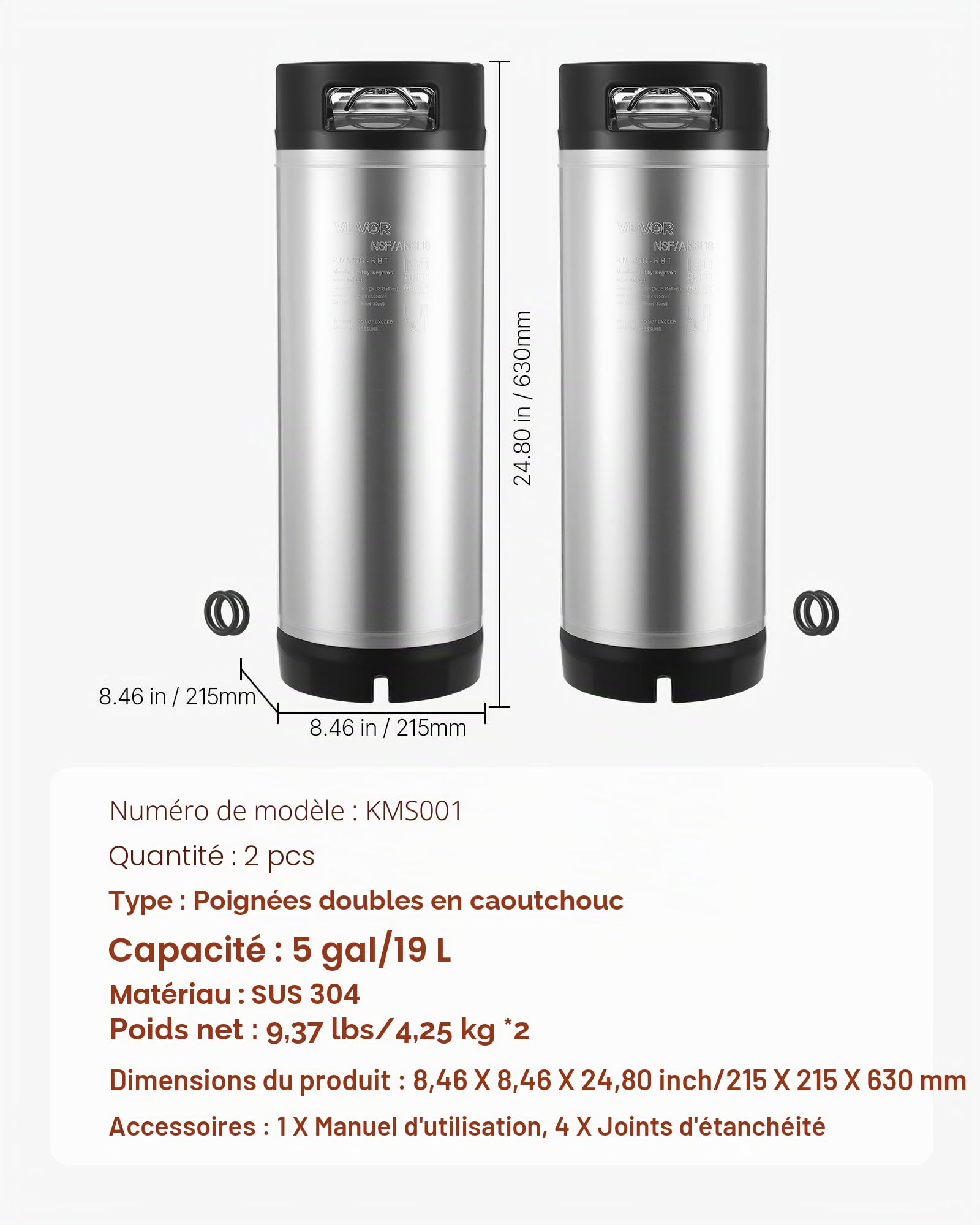 VEVOR Fût Bière Pression 2PCs 19 L, Soda Keg à Verrouillage à Bille, Fût sous Pression en INOX SUS304 pour Brassage à Froid, avec Doubles Poignées et Fond en Caoutchouc, Équipement de Brassage Maison