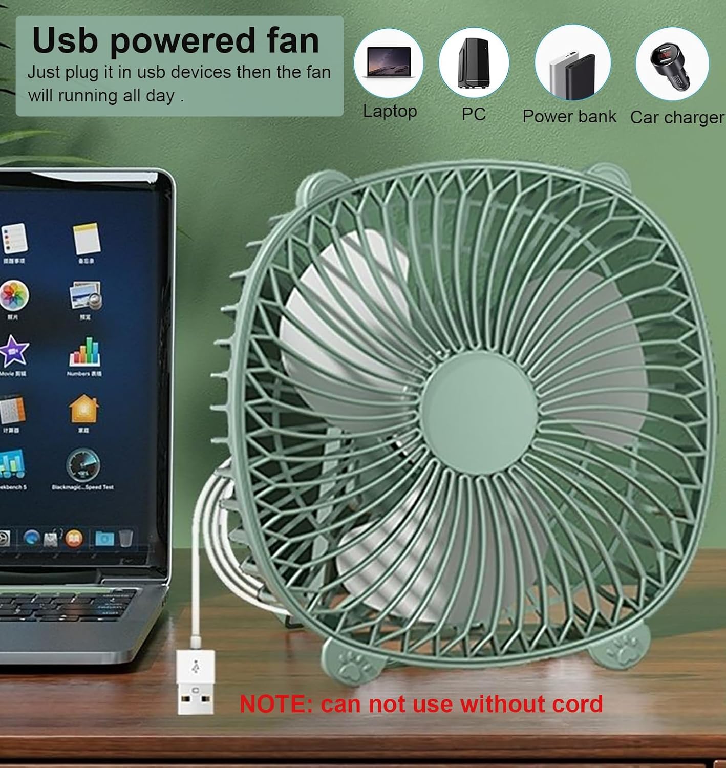 USB Wired Desk Fan, 7 Inches Small Quiet Cooler, Hanging/Wall-Mounted/Stand Table Cooling Fans for Home Office Kitchen Car Use (Green)