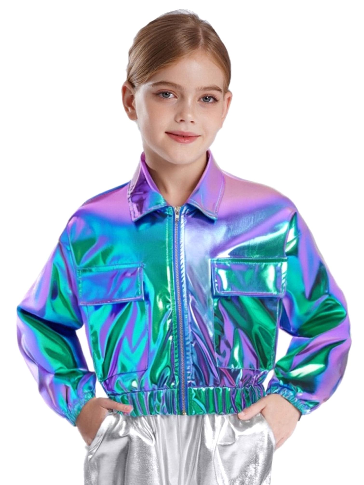 TiaoBug Mädchen Metallic Jacke Langarm Hemd Bluse Kurze Übergangsjacke mit Reisverschluss Modern Jazz Hip Hop Tanz 70er 80er Jahre Outfit