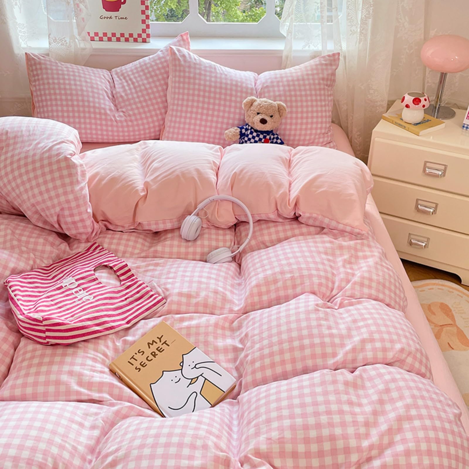 Parure de lit 2 personnes 220x240 vichy rose en microfibre avec zip