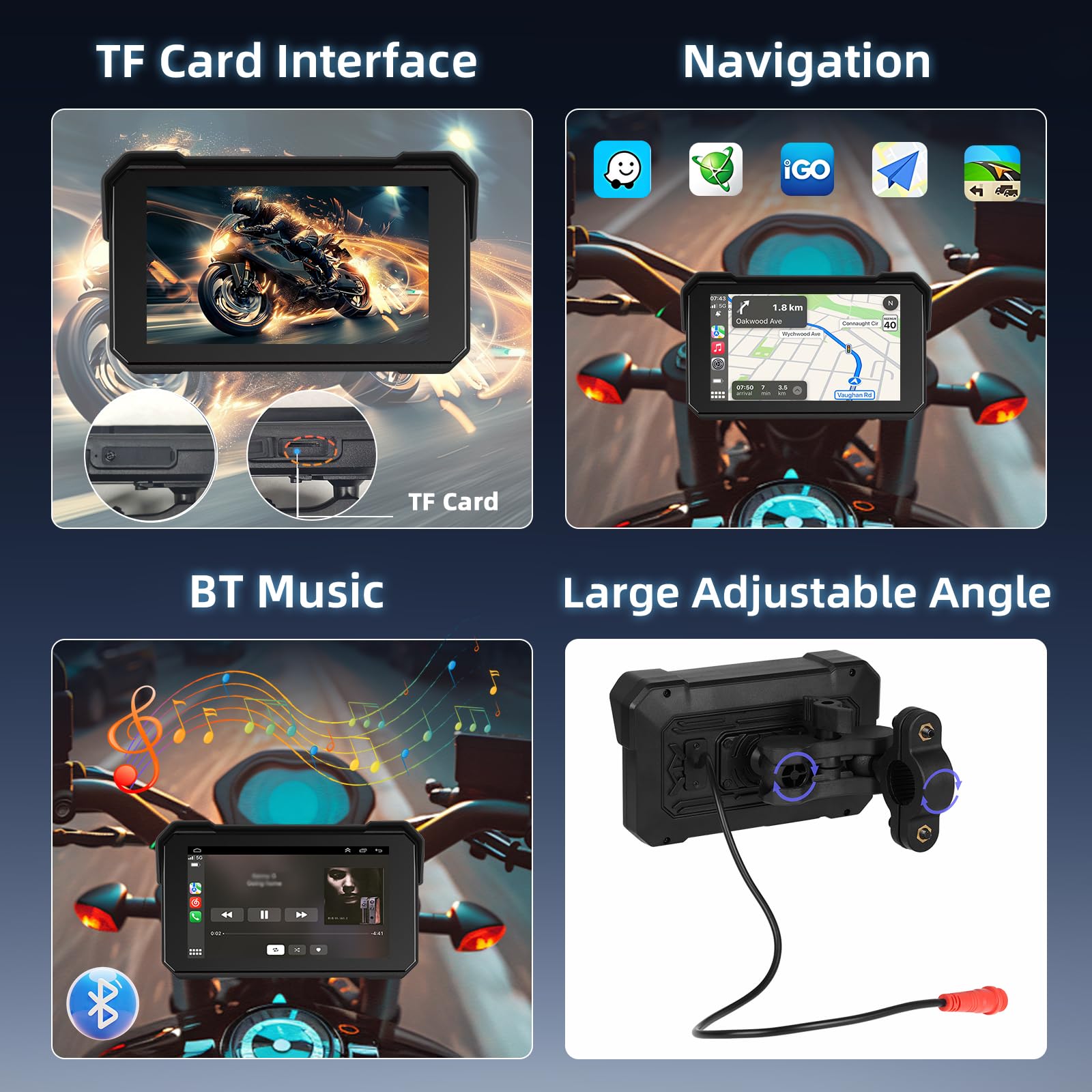 Schermo Carplay per Moto con Senza Fili CarPlay e Android Auto, 5 Pollici Impermeabile Touchscreen, Doppio Bluetooth, Navigazione GPS, Siri/G00gle Assistente, Plug-and-Play