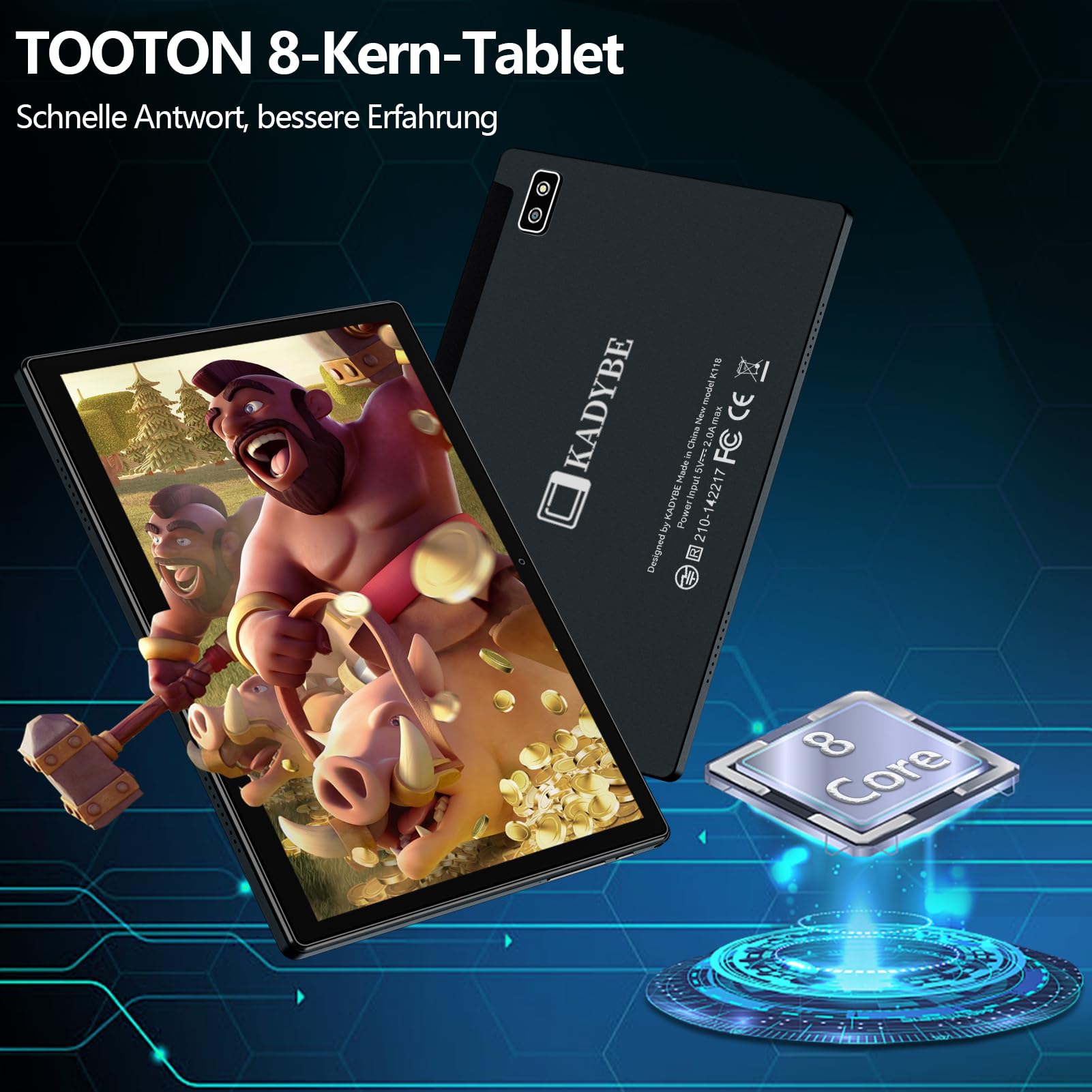 KADYBE Tablet 10 cali z systemem Android 11, 2,4 GHz WiFi 4G