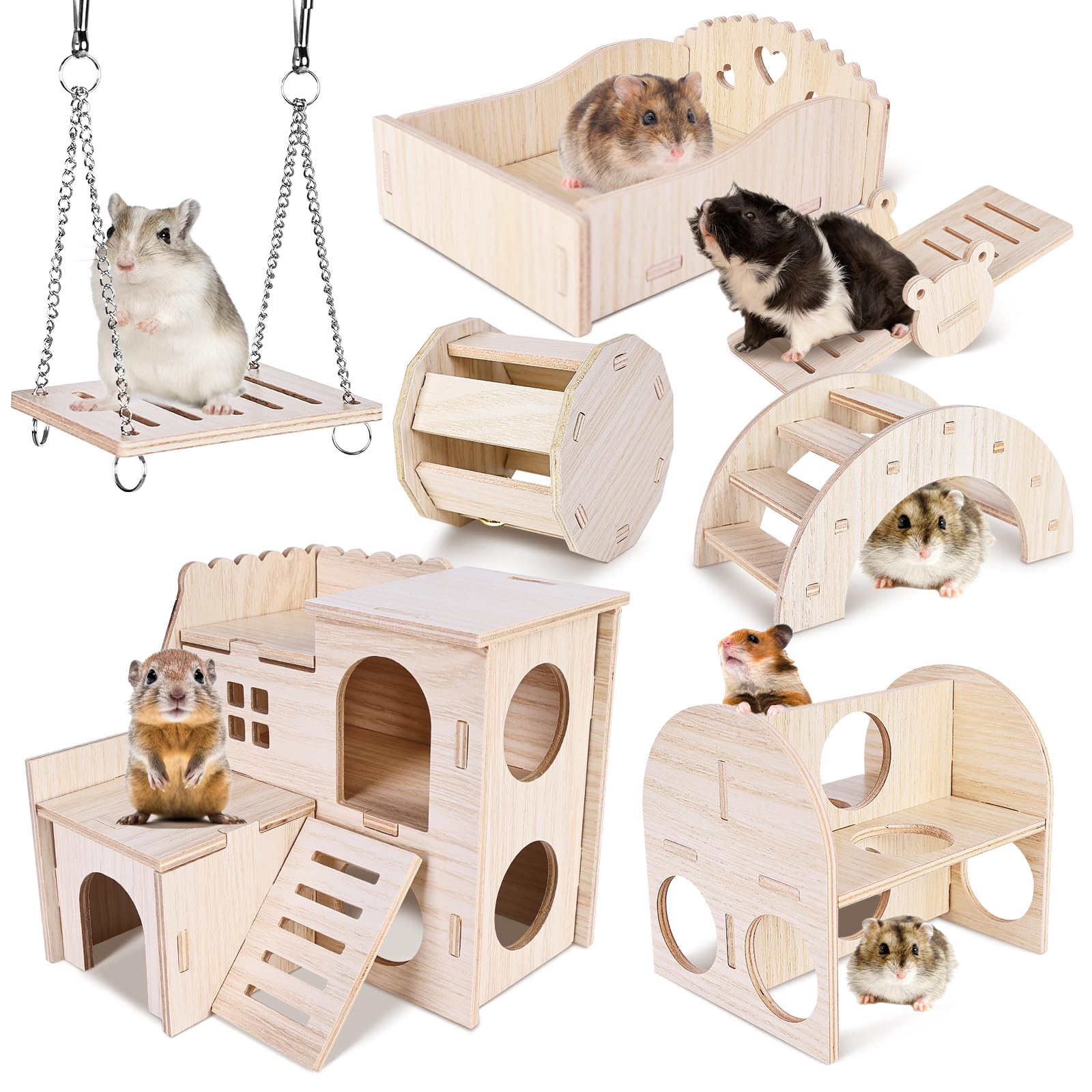 Maison en bois 7 pièces avec jouets pour hamster et chinchilla