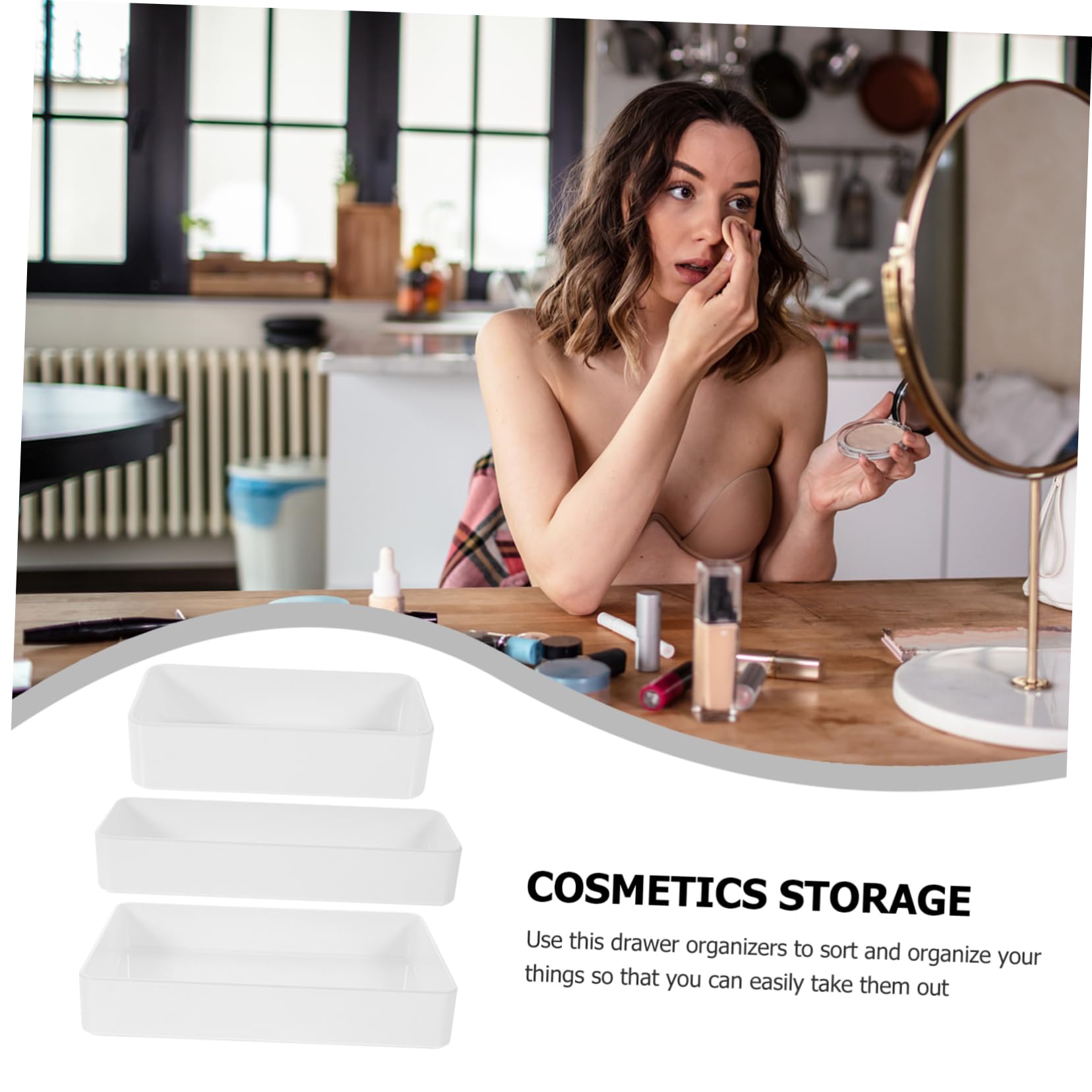Caja de Almacenamiento para Cajones de Escritorio, 3 Piezas Pet Blanco | Diseño Simple de Esquinas Redondeadas, Fácil de Limpiar, Uso Versátil, para Cocina y Oficina
