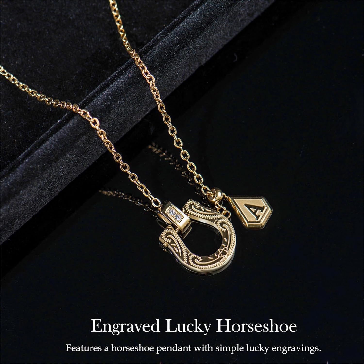 14K Gold Plated Letter Horseshoe Initial Necklace for Women with Clear CZ, Lucky Charm Horse Jewelry Gift