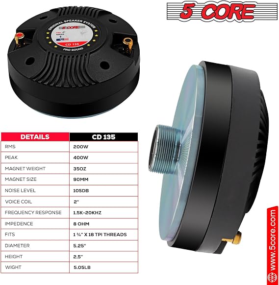 5 CORE Compression Driver 1 inch PA Horn Tweeter 1000W Pro Audio 2 Large Voice Coil 33 OZ Magnet Titanium Diaphragm 8 Ohm Aluminum Body Screw On Driver - CD 135