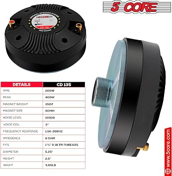 5 CORE Compression Driver 1 inch PA Horn Tweeter 1000W Pro Audio 2 Large Voice Coil 33 OZ Magnet Titanium Diaphragm 8 Ohm Aluminum Body Screw On Driver - CD 135