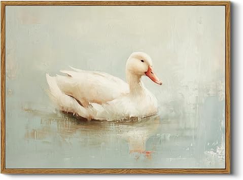 WHASAYART Duck Canvas Wall Art 12x16in, Vintage Farmhouse Animal Wall Decor, White Duck Painting Print, Rustic Cottagecore Bathroom Nursery Wall Art, Coastal Farm Animal Artwork Framed Ready to Hang