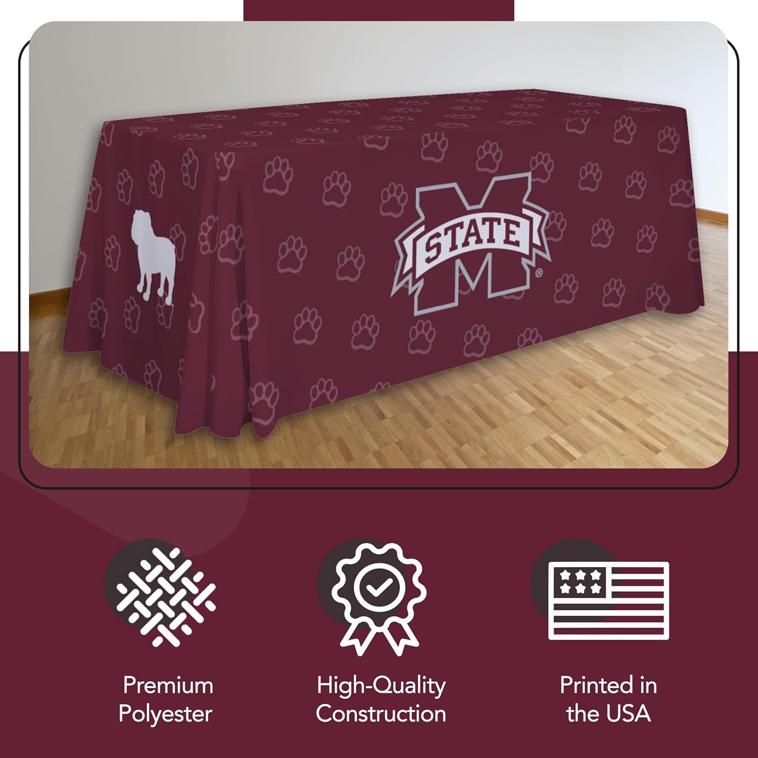 Mississippi State Bulldogs College Sports Printed Table Throw - NCAA Licensed - Polyester - School Tablecloth (Maroon) (6' Draped)
