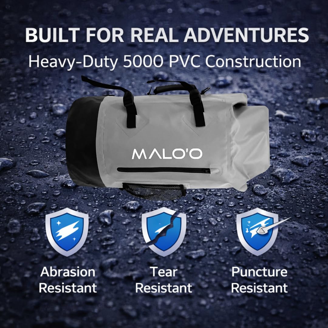 Malo'o 45L Wasserdichter robuster Rucksack für Kajakfahren, Camping, Angeln, Wandern, Tagesrucksack – Strandzubehör, Bootszubehör und Reiseausrüstung – Angelrutenkoffer, grau, 45L US, 45 l