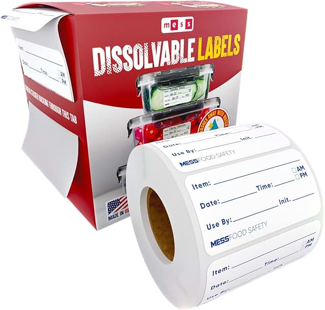 MESS Dissolvable Food Labels for Containers 1x2" Food Date Labels Stickers - Food Storage Labels - Removable Freezer Label...
