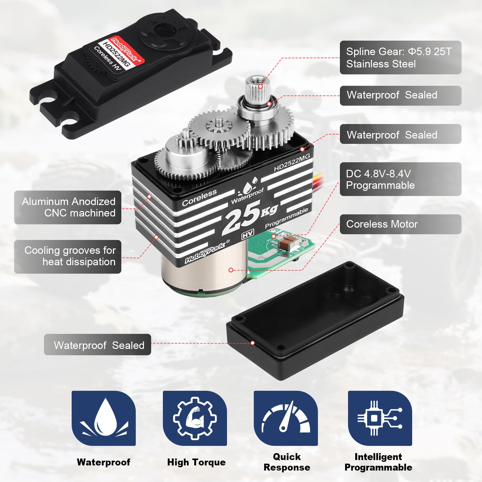 HobbyPark Servo RC impermeabile 25KG High Torque Metal Gear Digital Servo per 1/12 1/10 RC Car Truck Buggy Programmabile 2BB Angolo di controllo 180 ° HV (motore coreless)