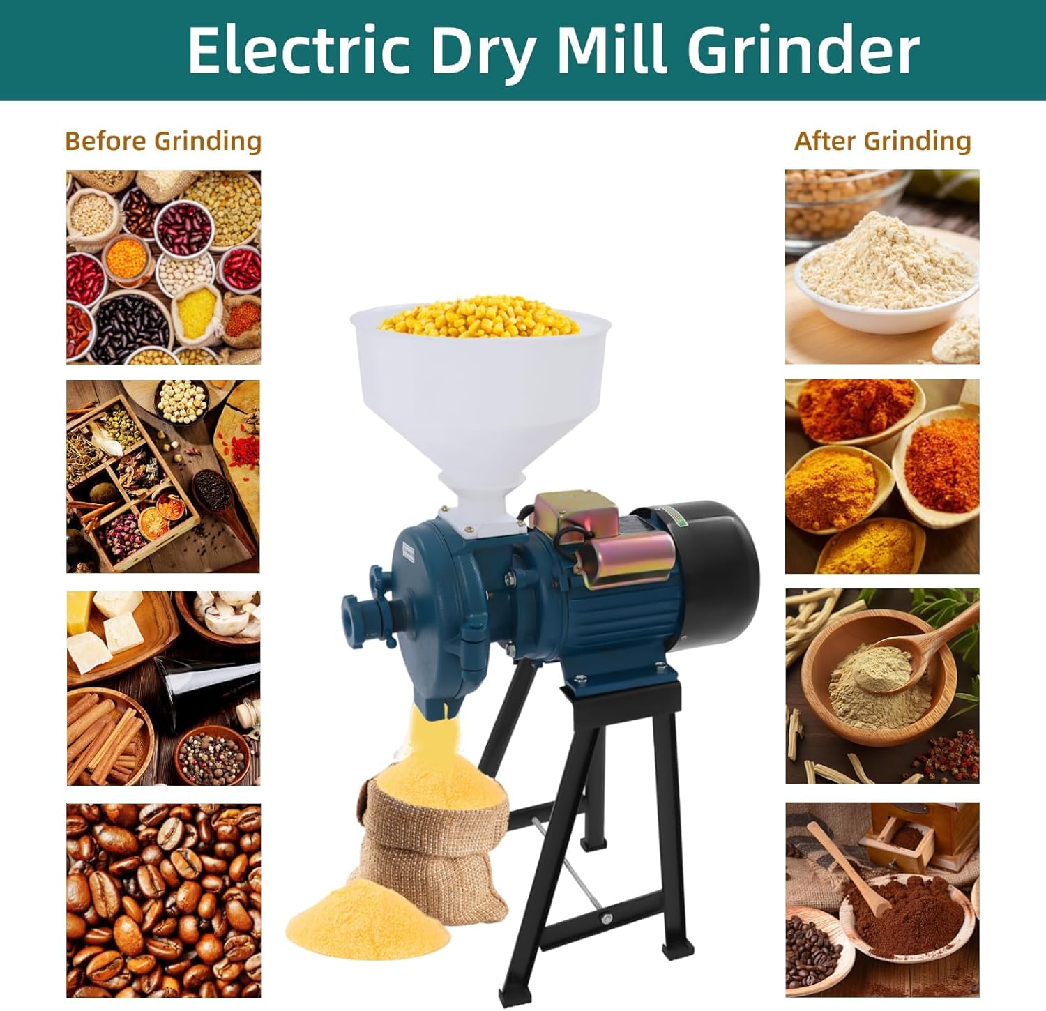 Corn Grinder Electric Grain Mill, 110V 3000W Commercial Grain Machine Wheat Flour Mill Feed With Funnel (Dry)