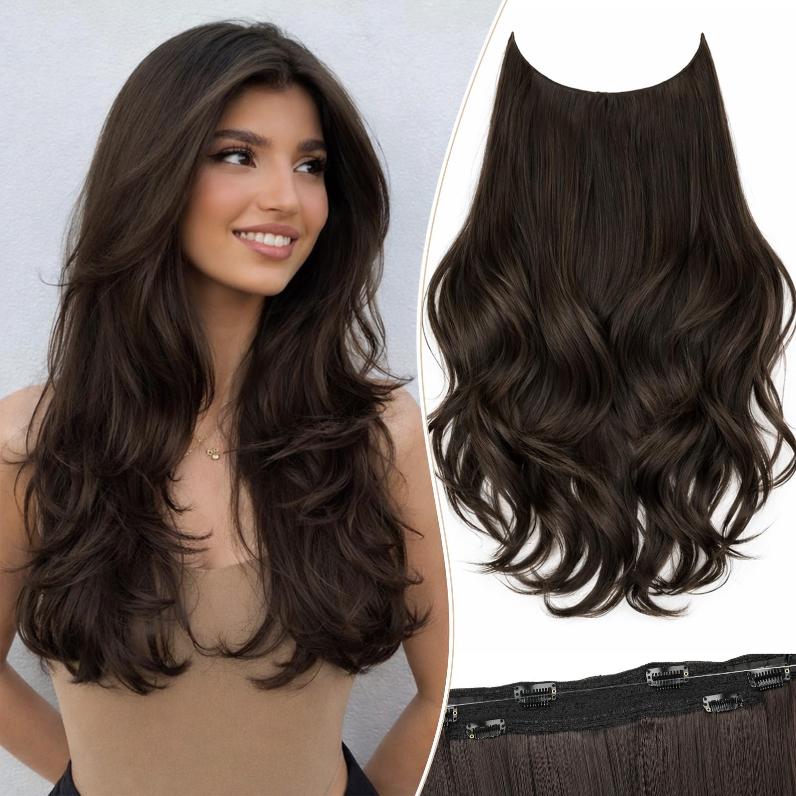 Dark Brown Layered Halo Hair Extensions 20 Inch for Women