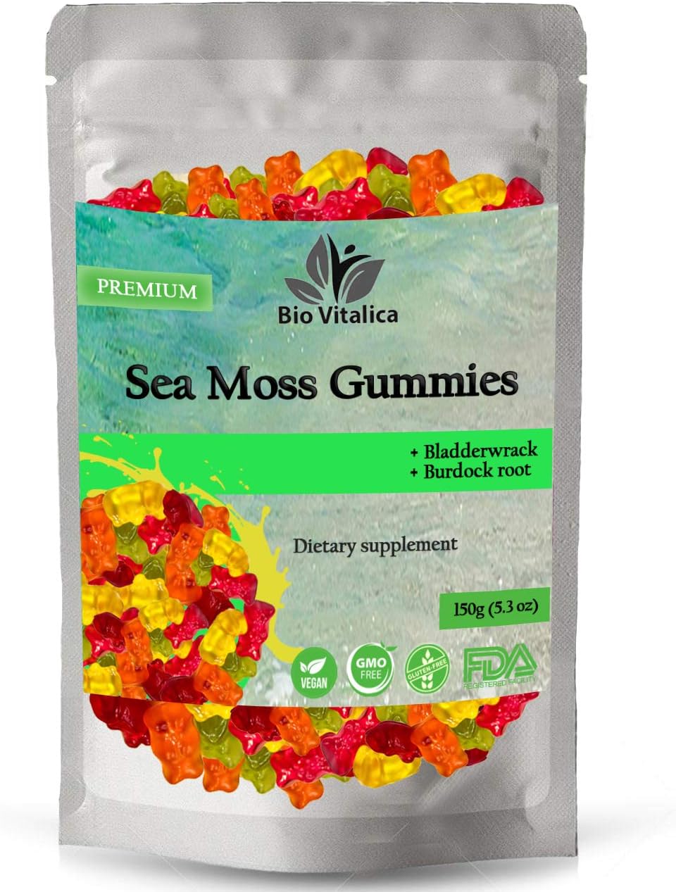 Sea Moss Gummies - Irish sea Moss raw Organic, Bladderwrack, Burdock Root. Contains Sea Moss Gel and Powder. Superfoods for Vegan, Keto and Dr Sebi Diet. Immune and Energy Boosting.