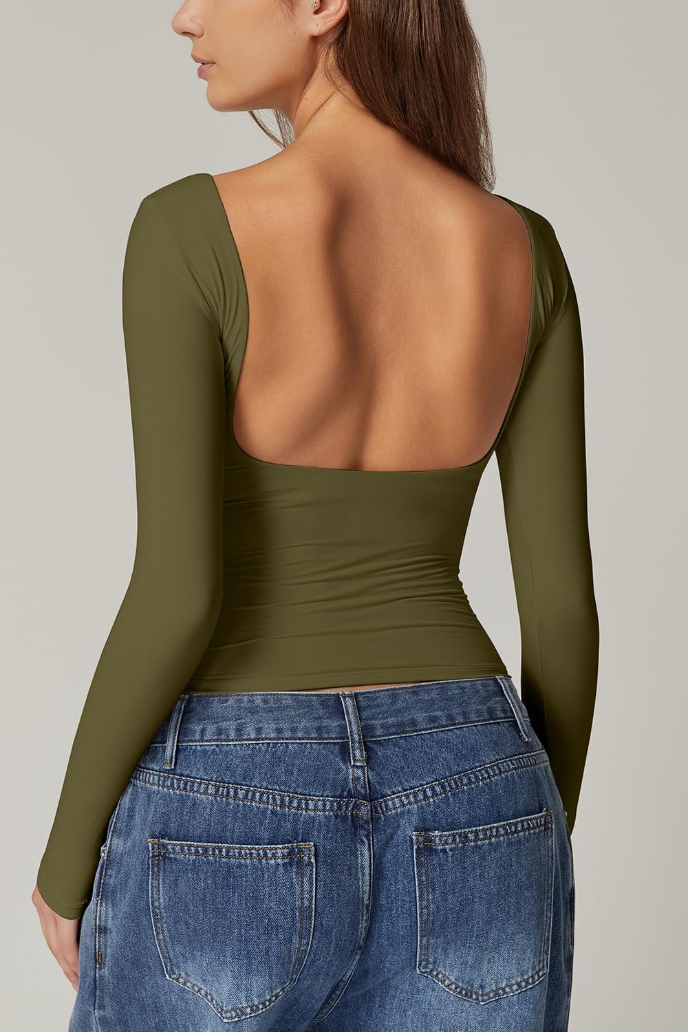 QINSEN Women's Sexy Open Back Long Sleeve Shirts High Neck Double Lined Tees Fitted Going Out Tops - Image 2
