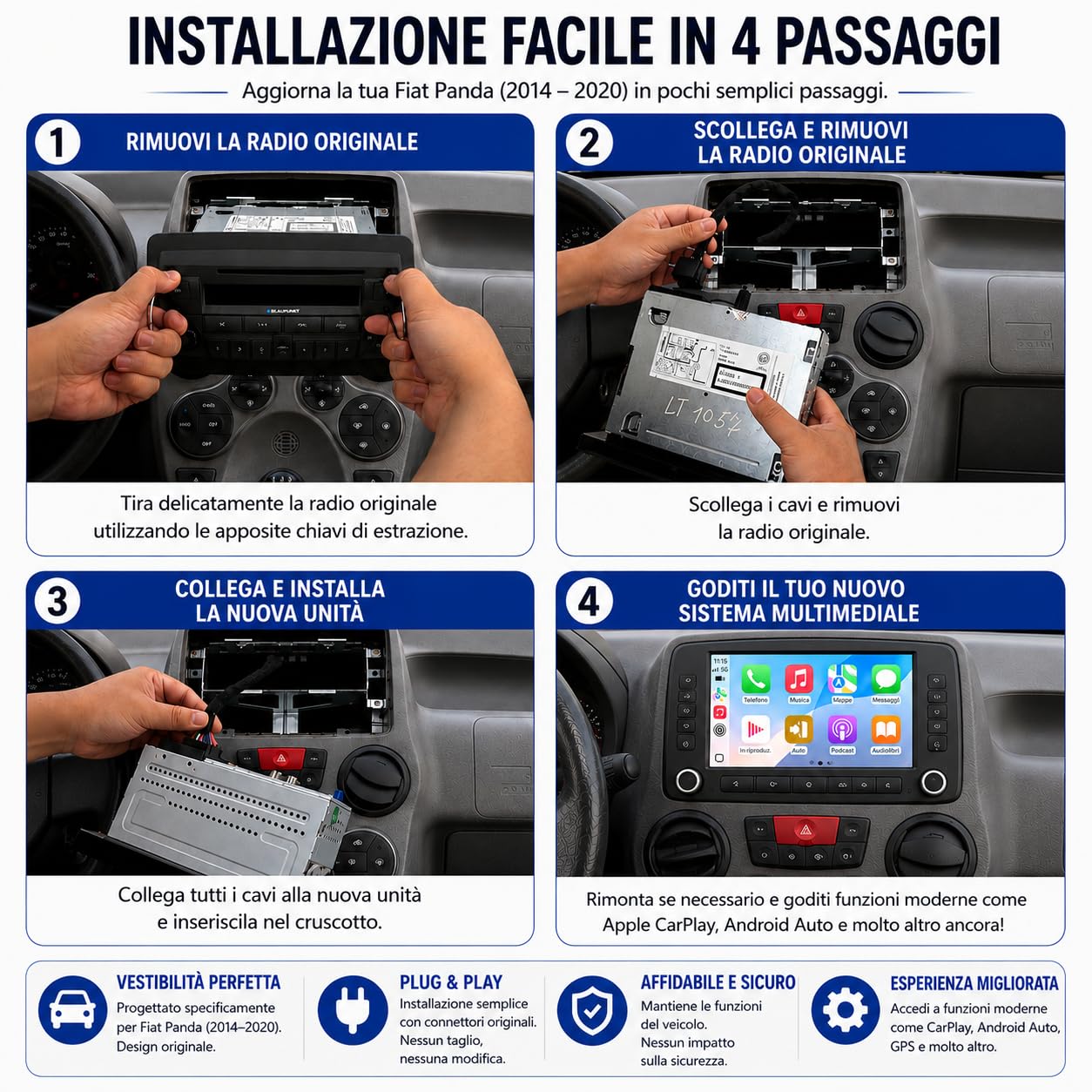 Stereo auto Linux con interfaccia speciale per FIAT Panda Modello 169 2003-2012 | CarPlay/Android Auto wireless/Bluetooth/FM/AM/RDS/USB HiFi 100W