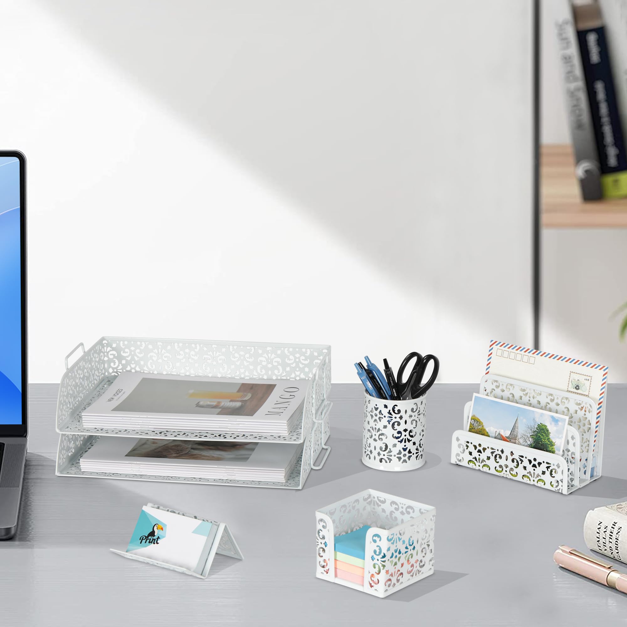 EasyPAG Set organizer da scrivania 5 in 1 – vassoio da scrivania impilabile a 2 livelli, selezionatore per lettere, portapenne, porta biglietti da visita e porta banconote, bianco