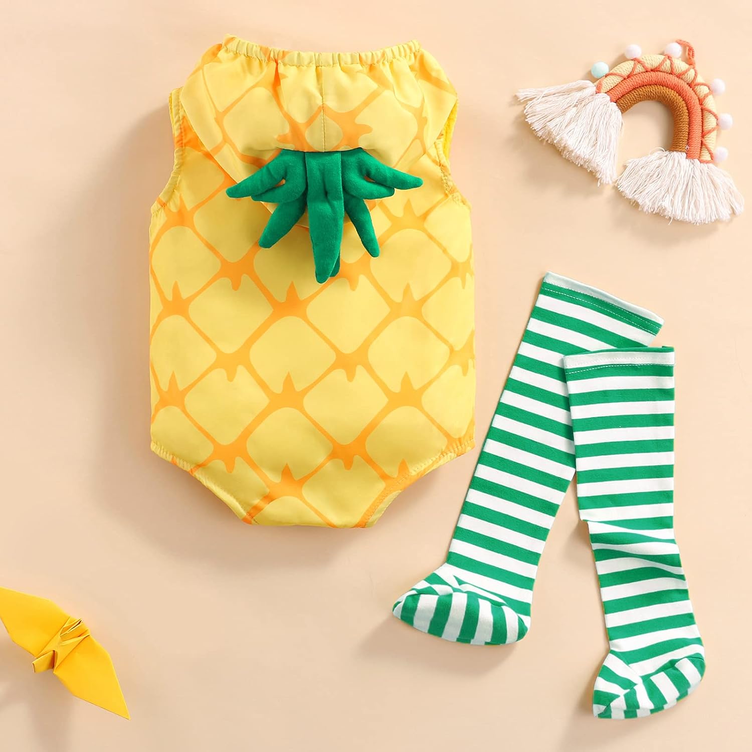 Unisex Baby Halloween Costumes Velvet Avocado Pineapple Pig Hooded Romper Jumpsuit with Striped Stocking 2Pcs Outfits - Image 3