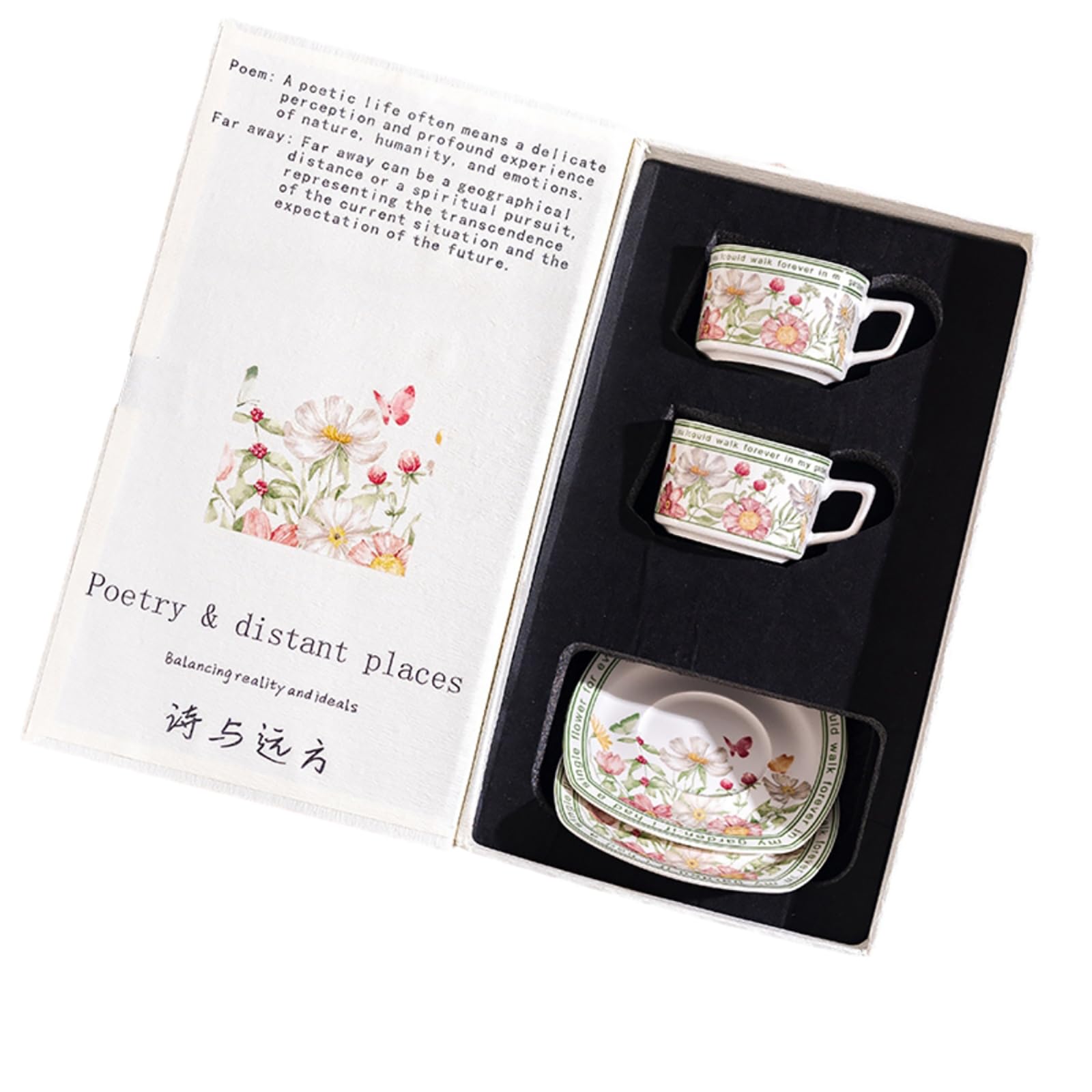 Ceramiczny zestaw filiżanek do kawy i spodków, 236 ml, kwiatowy wzór, kreatywny styl retro, zestaw 2 szt