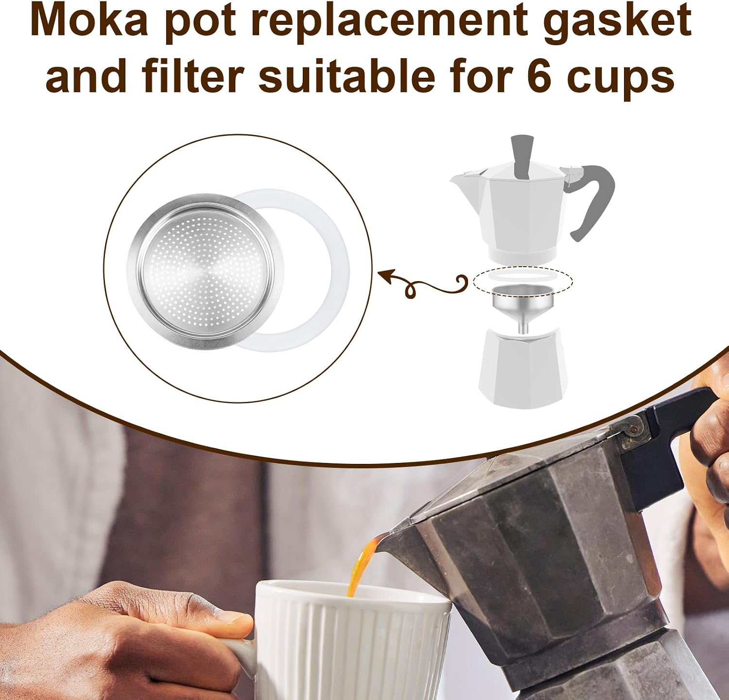 8Pcs Moka Pot Filter Replacement Parts with Gasket for Bialetti 6 Cup