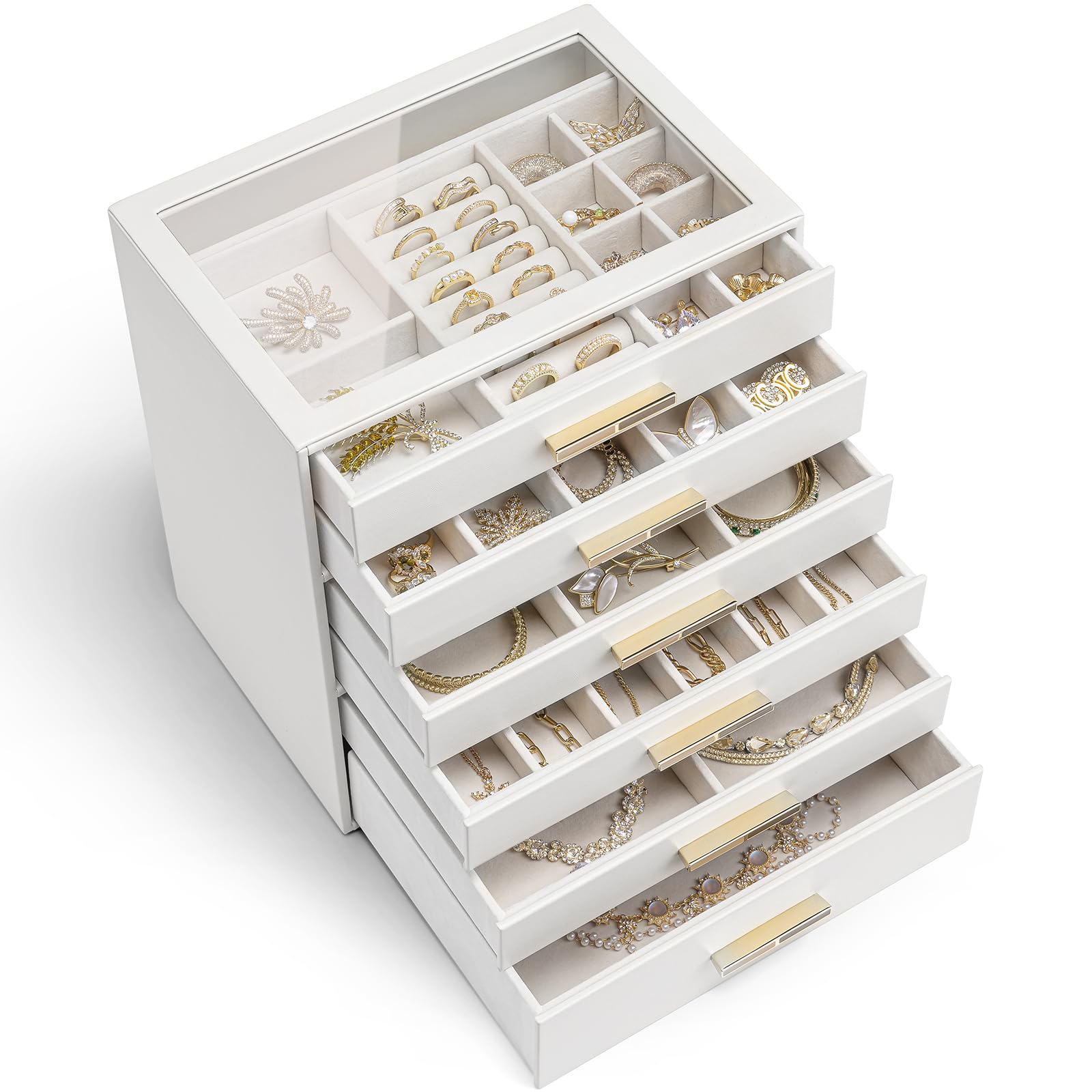 Vlando Cinderella Plus Sieradendoos, groot, sieradendoos met 6 niveaus, sieradenorganizer met glazen deksel, 6 laden, voor halskettingen, oorbellen, horloges, armbanden, sieradenopslag, modern, wit
