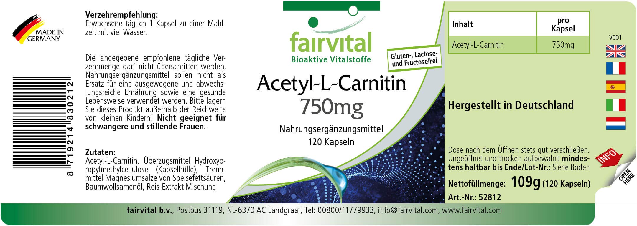fairvital Acetyl-L-Carnitin hochdosiert, 750mg, HOCHDOSIERT, VEGAN, 120 Kapseln