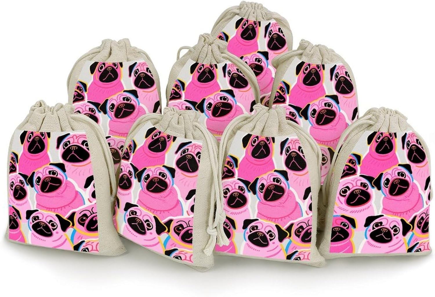 KEIGPERI Colorful Pugs Dogs 8PCS Burlap Gift Bags with Drawstring Reusable Small Burlap Bags Mini Gift Bag for Party Wedding Favor Pouches Jewelry Pouches Coffee 5x7 Inch