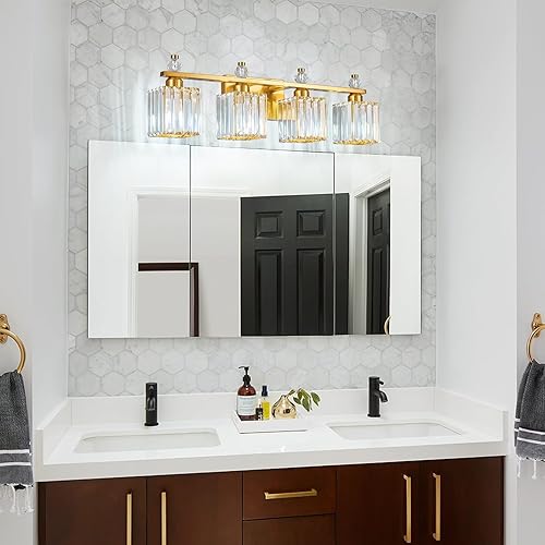 Miniatura 6 de Luces de tocador de 4 luces modernas de cristal dorado para baño, accesorios de iluminación de tocador de baño de cristal sobre espejo