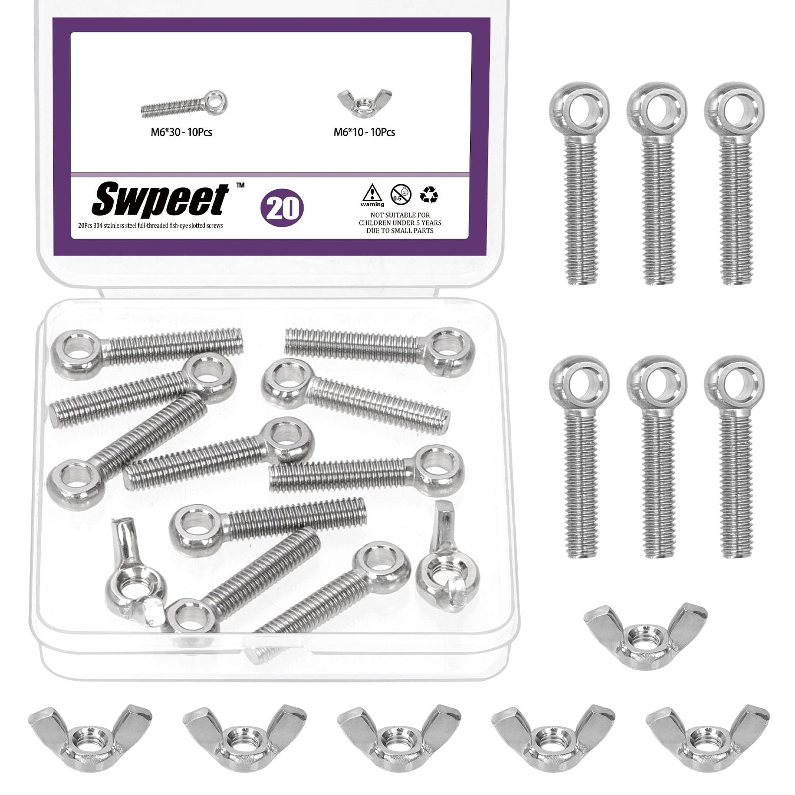Swpeet 20Pcs M6 x 30mm 304 Stainless Steel Machinery Shoulder Swing Lifting Eye Bolt and M6 Wing Nuts Assortment Kit, Metric Thread Fisheye Rigging Bolt, Butterfly Nuts Hex Dome Cap for Fastening
