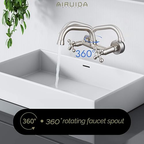 Miniatura 3 de Airuida Grifo de fregadero de cocina de montaje en pared para pico de 6 pulgadas (5.9 in), centro ajustable, centro ajustable, asas cruzadas, agua