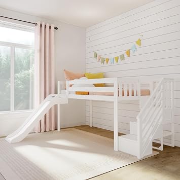 Max & Lily Twin Size Low Loft Bed with Slide and Stairs, Classic Solid Wood Kids Bedroom Furniture, 400 lbs Weight Capacity, 14" Safety Guardrail, Anti-Slip Steps, White