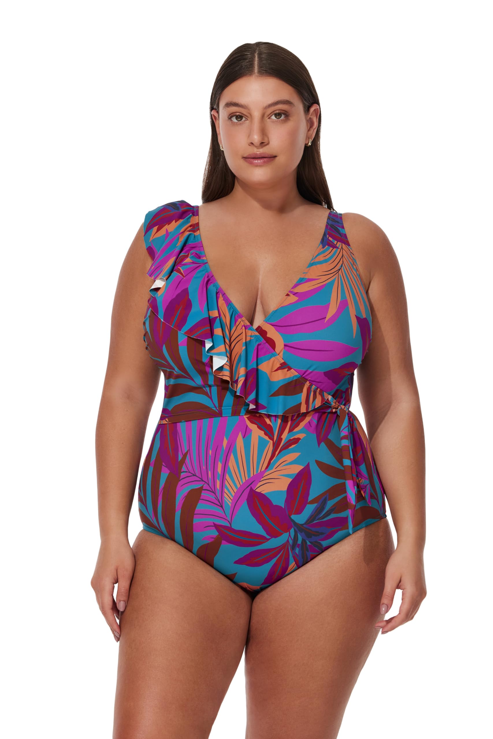 Profile by Gottex Women's Plus Size V-Neck Surplice Ruffle One Piece Swimsuit, Plantopia-Multi-Teal, 22